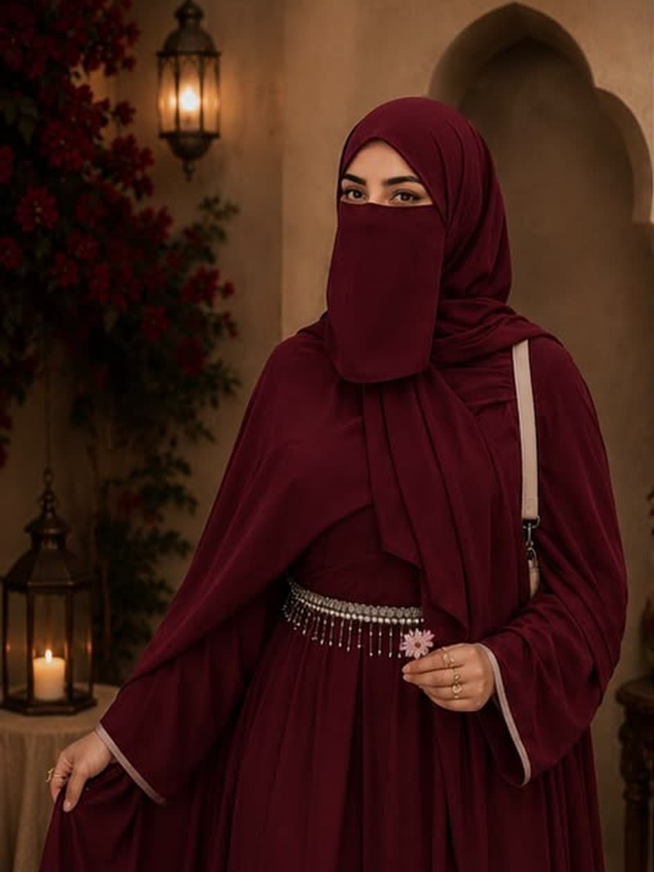 Maroon Aura Luxury abaya in Deep Maroon Red, Luxury flowy crepe