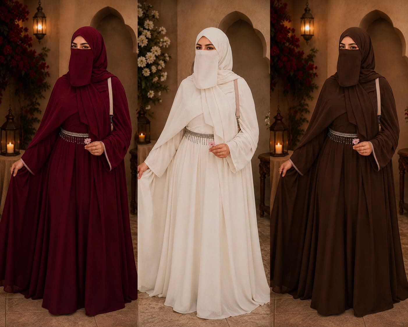 The Aura abaya photographed in maroon, ivory and mocha, the same umbrella-flare cut in three shades