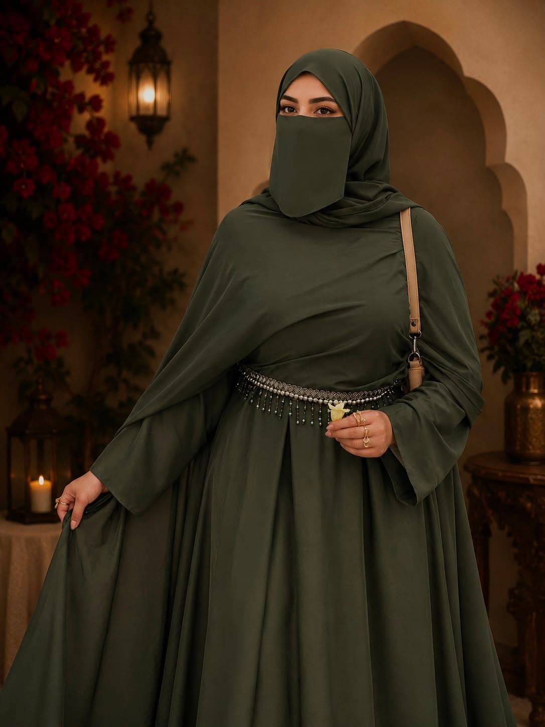 Olive Aura Luxury abaya in Olive Green, Luxury flowy crepe