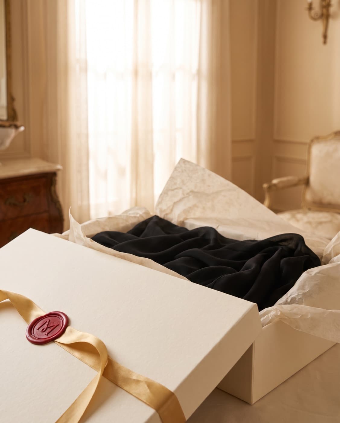Cream gift box tied with gold ribbon holding a folded abaya
