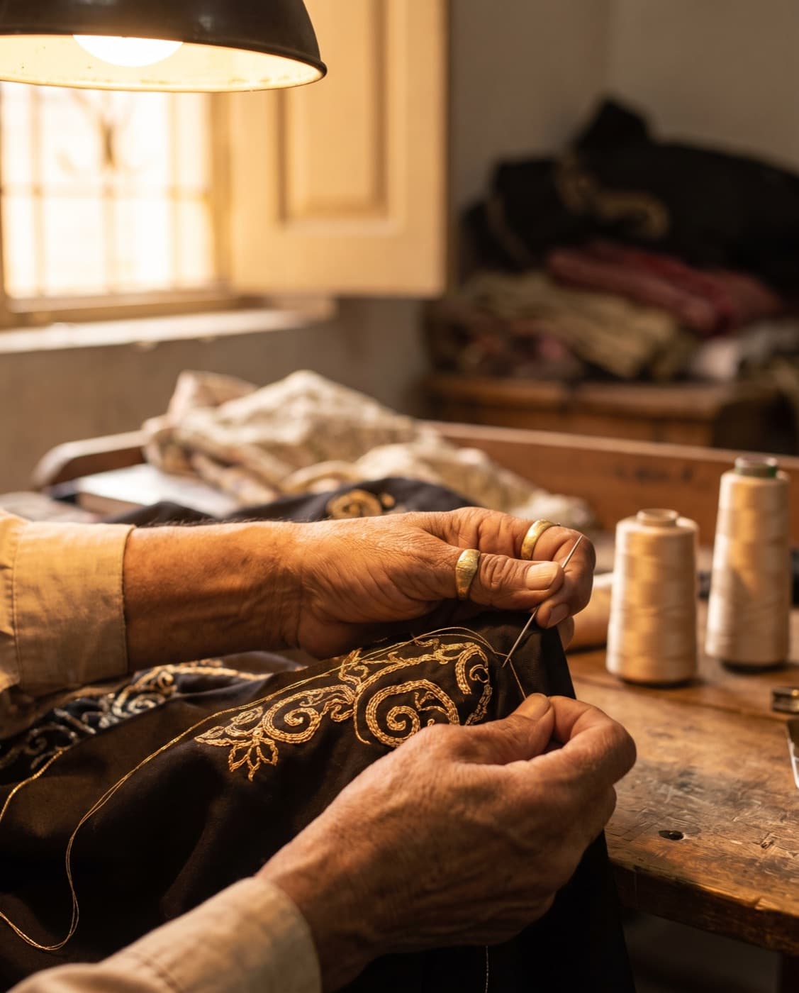 Artisan hands stitching gold tilla thread on black abaya fabric